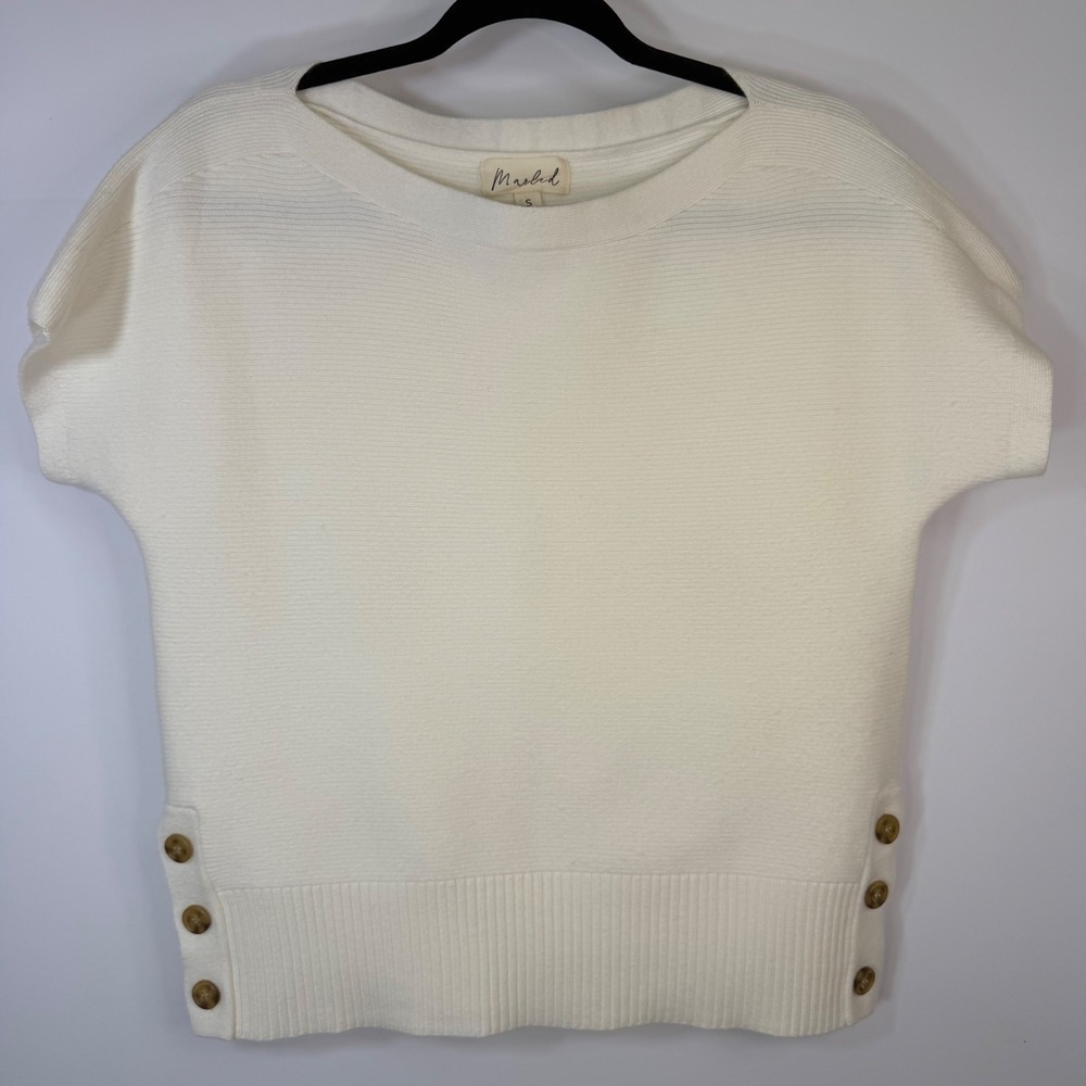 Marled Womens Ivory Ribbed Knit Boat Neck Side Button Sweater‎ Small Luxury Soft
